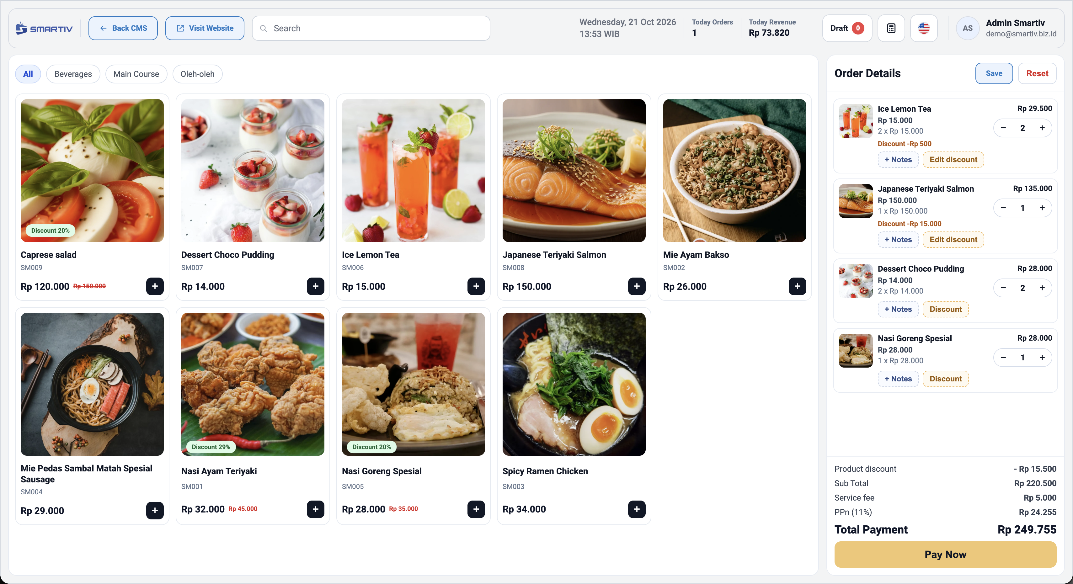 Tampilan aplikasi kasir Smartiv POS dengan katalog produk dan detail pesanan
